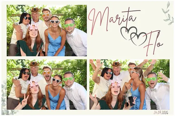 Fotobox-Ausdruck „Marita & Flo“ mit fröhlichen Hochzeitsgästen