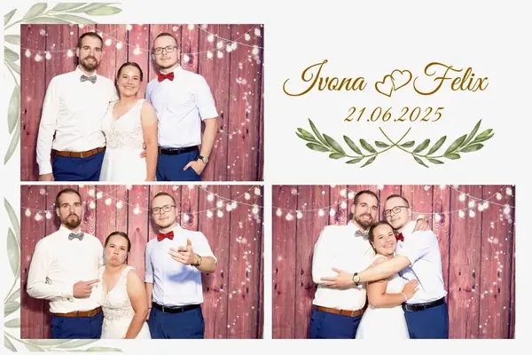 Fotobox-Ausdruck „Ivona & Felix“ mit drei Fotos vor einer Holzwand