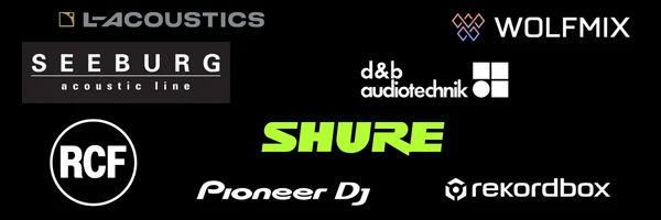 Unsere Technikmarken: L-Acoustics, Wolfmix, Seeburg Acoustic Line, d&b audiotechnik, RCF, Shure, Pioneer DJ, rekordbox